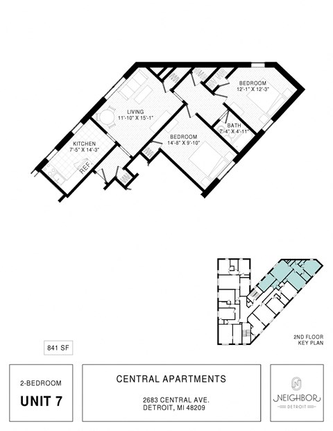 Floor plan for 2 beds, 1 bath, 843 sqft